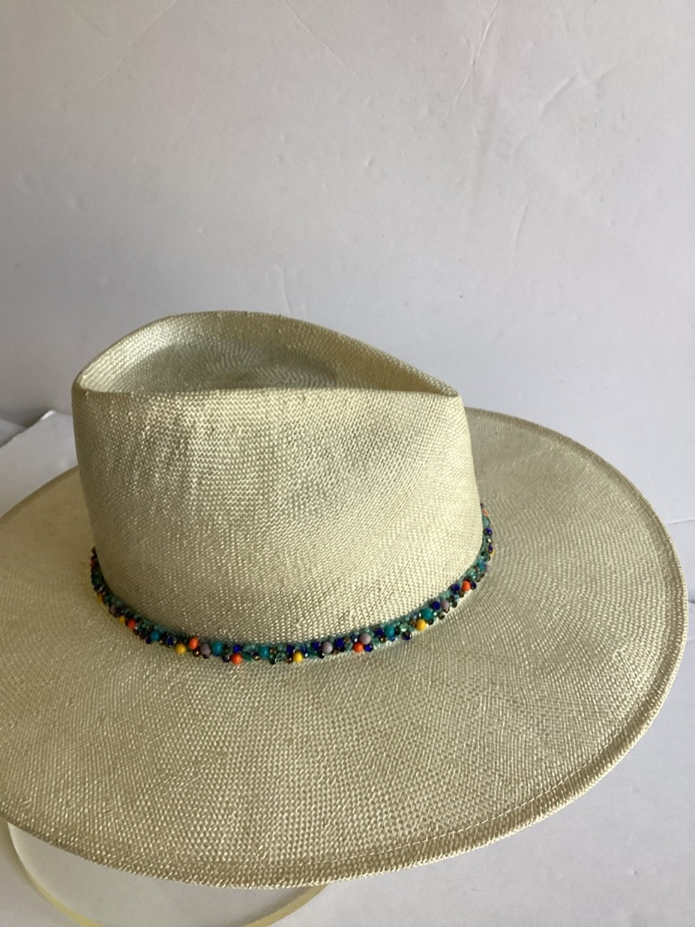 Eugenia Kim Wide Brim Straw Fedora Hat Beaded Band Resort Coastal Chic - Picture 5 of 15
